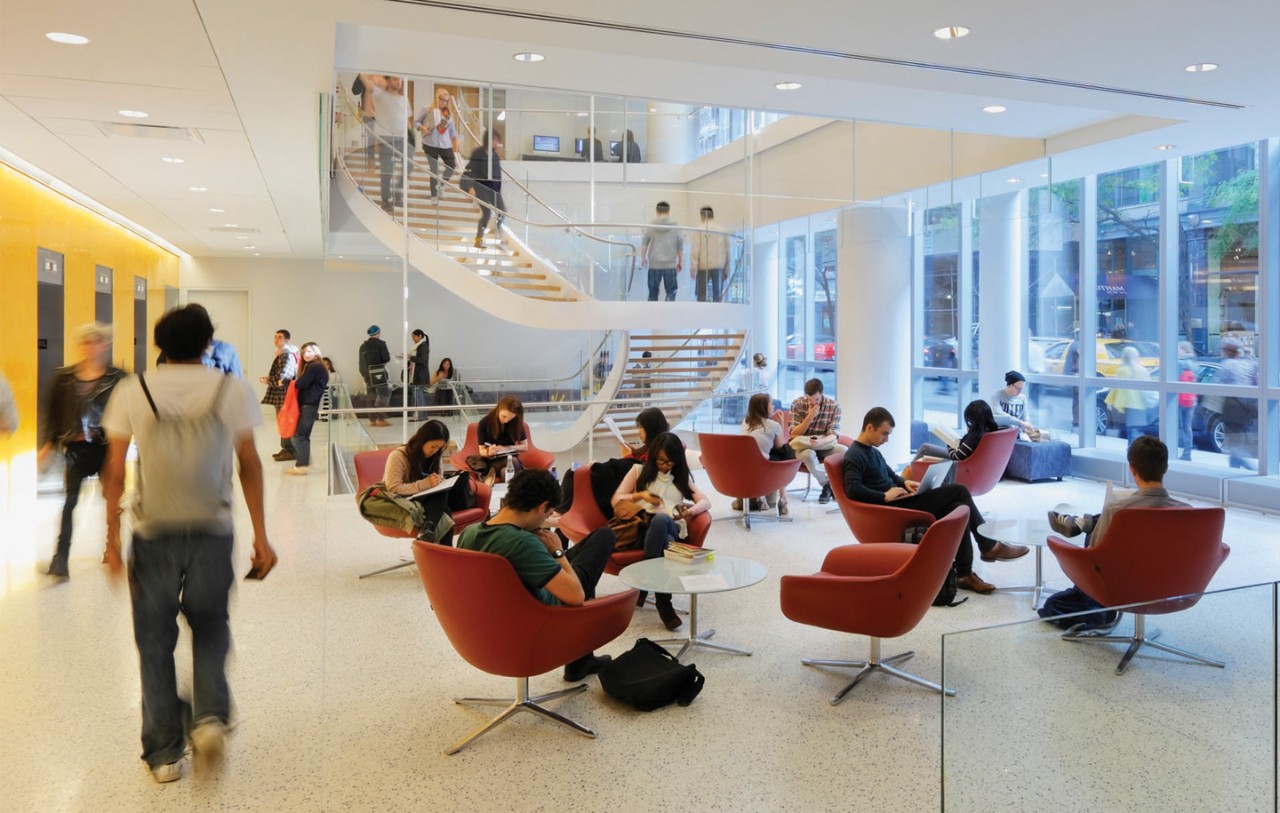 Students gathered in the NYU SPS lobby at East 12th Street, NYC